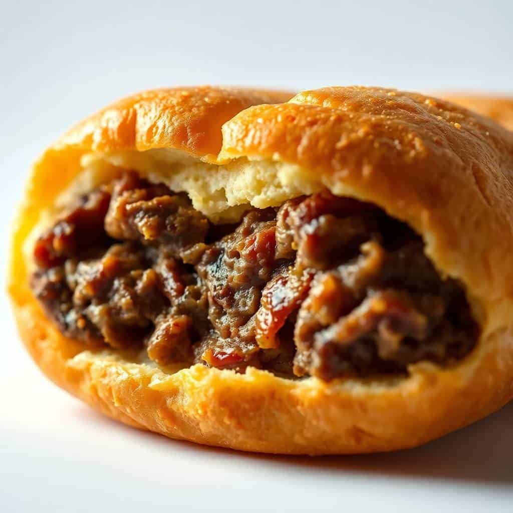 Beef beerocks sandwich with golden-brown bun filled with seasoned ground beef and vegetables.