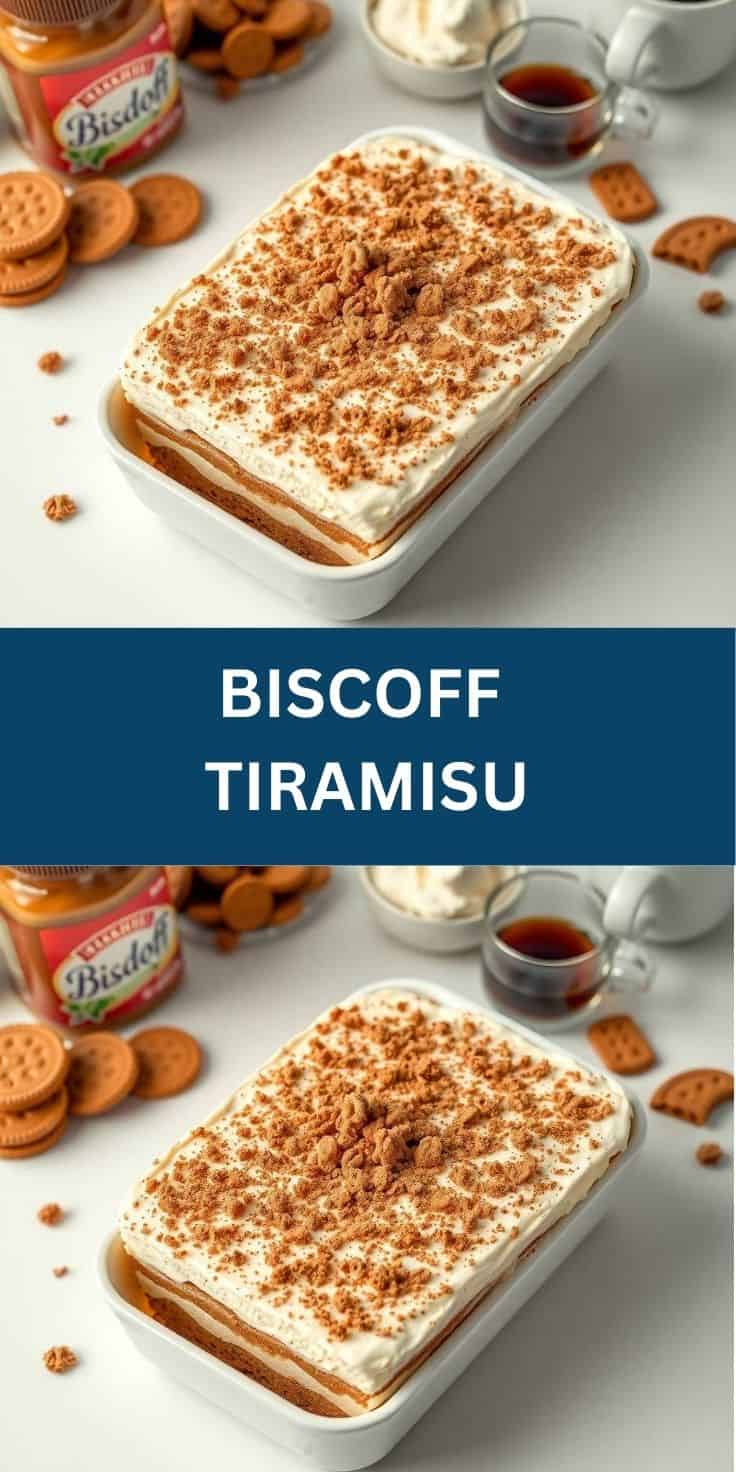 Biscoff Tiramisu dessert with creamy topping and crushed biscuit crumble in white dish.
