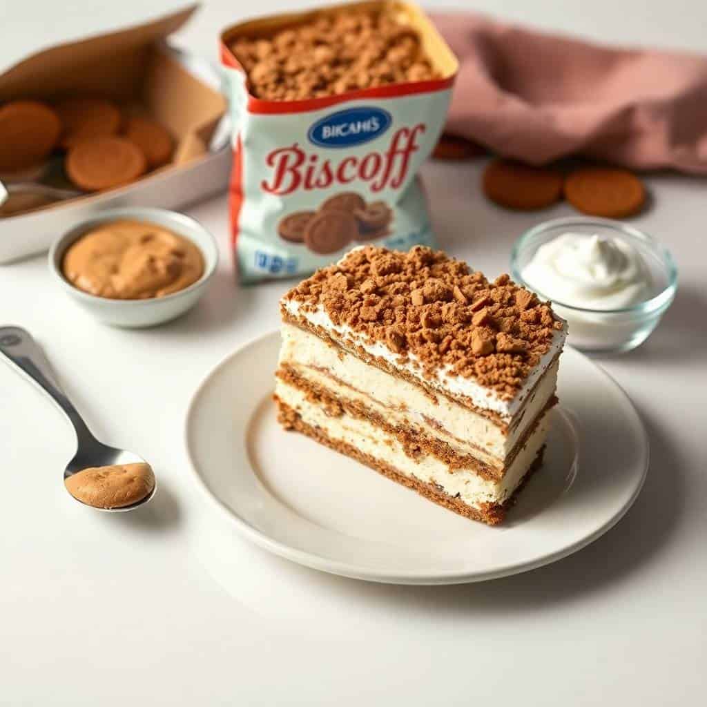 Biscoff tiramisu slice with creamy layers and crushed cookie topping on white plate with ingredients.