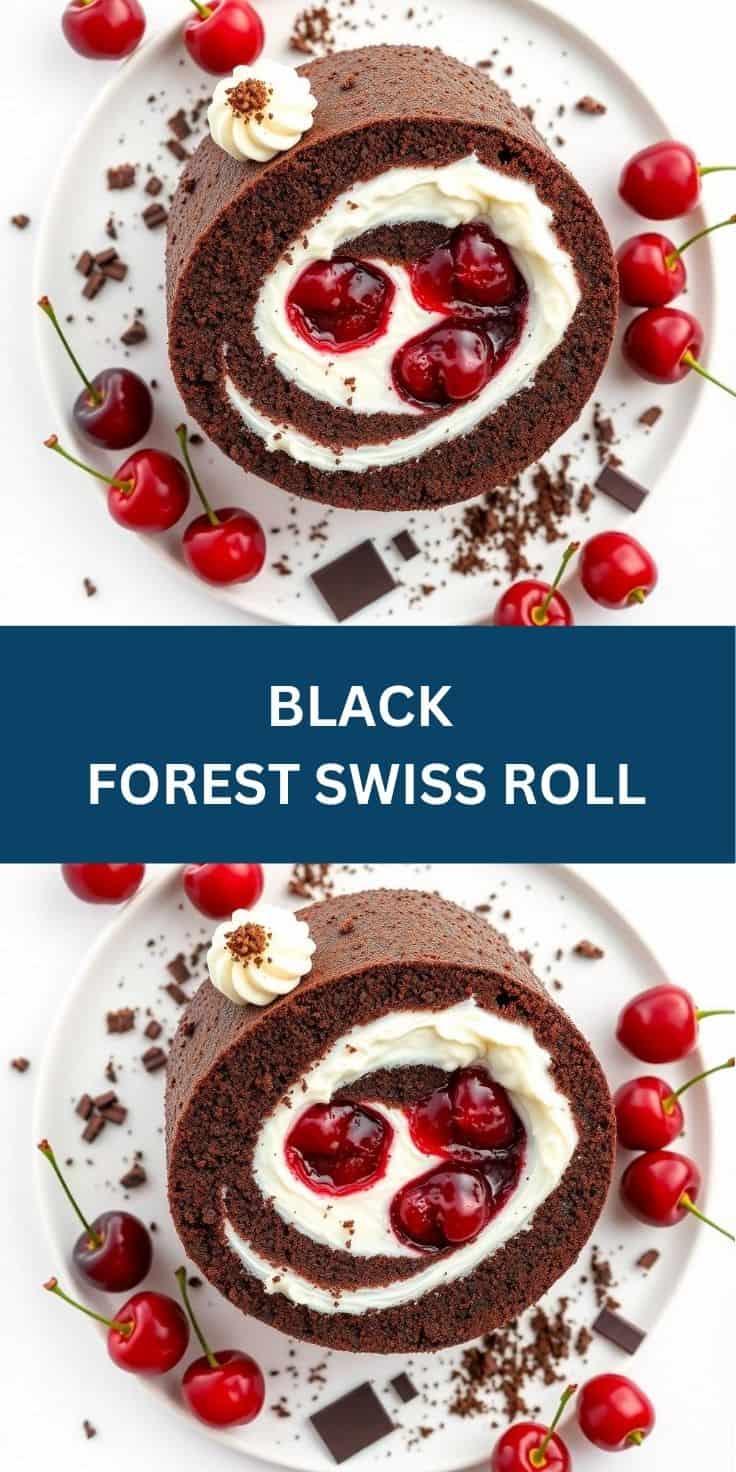 Black Forest Swiss Roll sliced on white plate, topped with whipped cream, cherries, chocolate shavings, and fresh red curr...