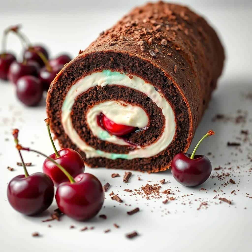 Black Forest Swiss roll with chocolate sponge, cream filling, and fresh cherries on white surface.