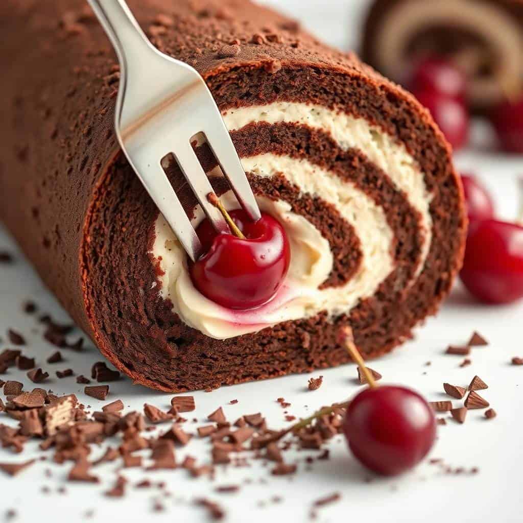 Black Forest Swiss roll slice with cream filling, cherries, cocoa powder dusting, and chocolate shavings on white plate.