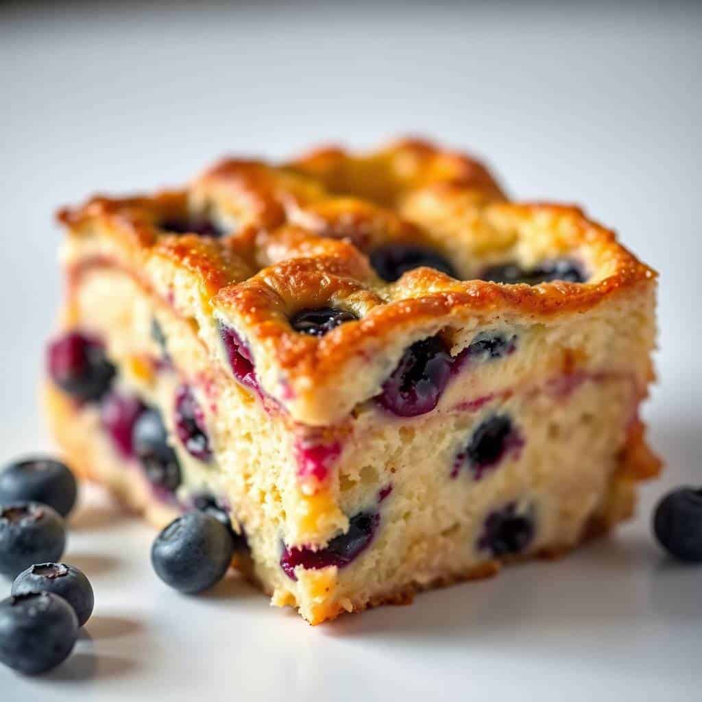 Golden-brown blueberry and cream cheese French toast casserole slice with fresh blueberries scattered around.