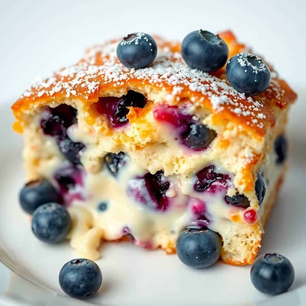 Blueberry and cream cheese French toast casserole dusted with powdered sugar, garnished with fresh blueberries on white pl...