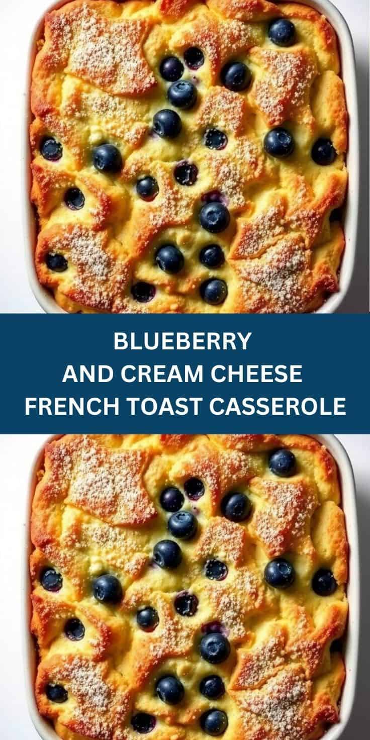 Blueberry and cream cheese French toast casserole in white baking dish, topped with powdered sugar and fresh blueberries.
