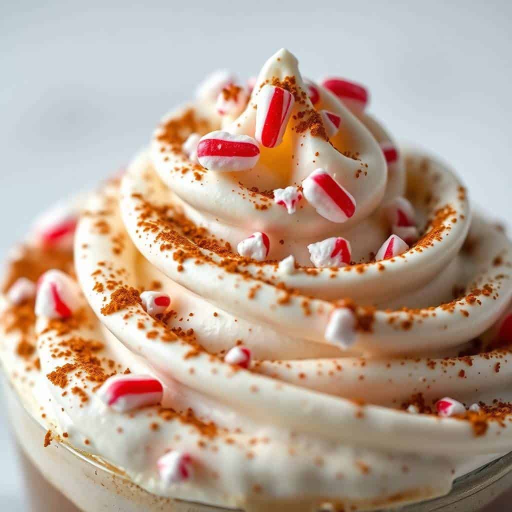 Boozy peppermint mocha coffee topped with whipped cream, crushed candy canes, and cinnamon powder.