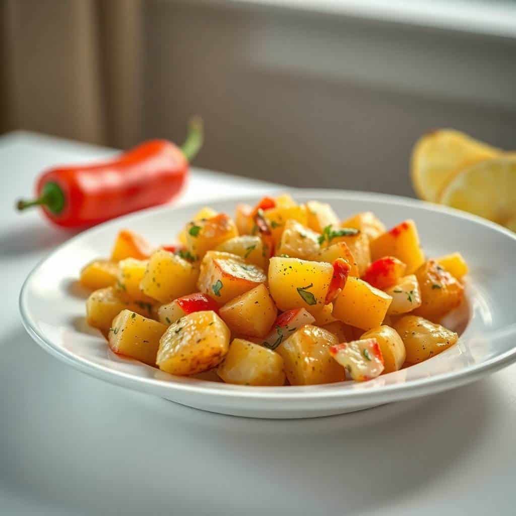 Golden breakfast potatoes with red peppers and herbs on white plate with lemon and chili nearby.