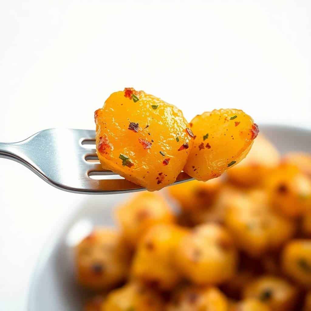Golden roasted breakfast potatoes on fork with red pepper and herb garnish, white bowl in background.