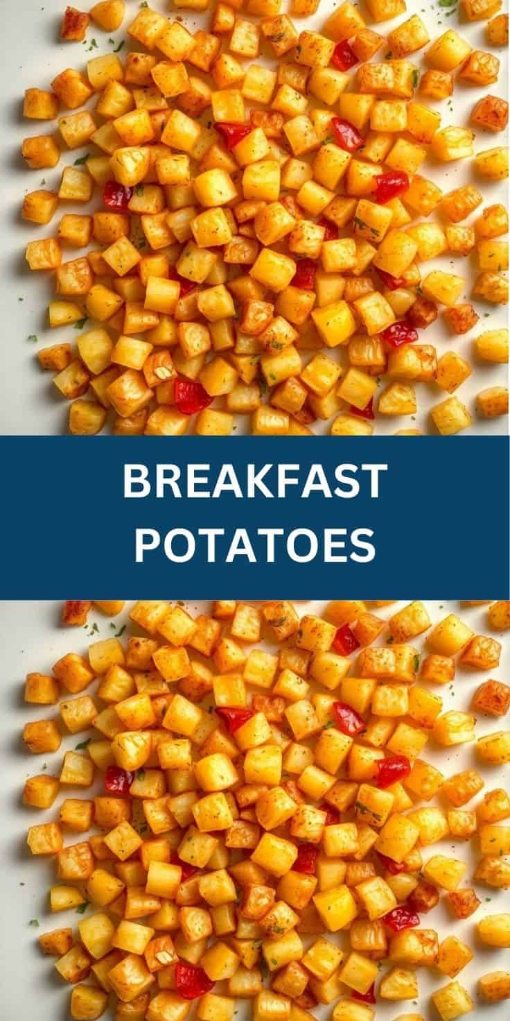 Golden-brown diced breakfast potatoes with red peppers and herbs on white surface.