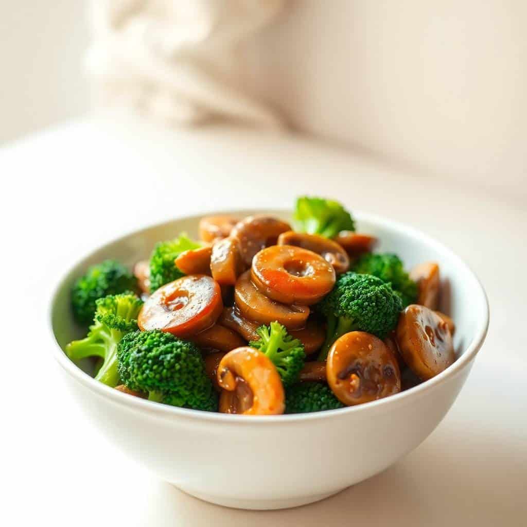 Broccoli and mushroom stir fry served in a white bowl with glossy brown sauce and bright green florets.