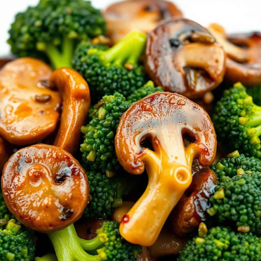 Broccoli and mushroom stir fry with sliced mushrooms and green florets in a glossy sauce.