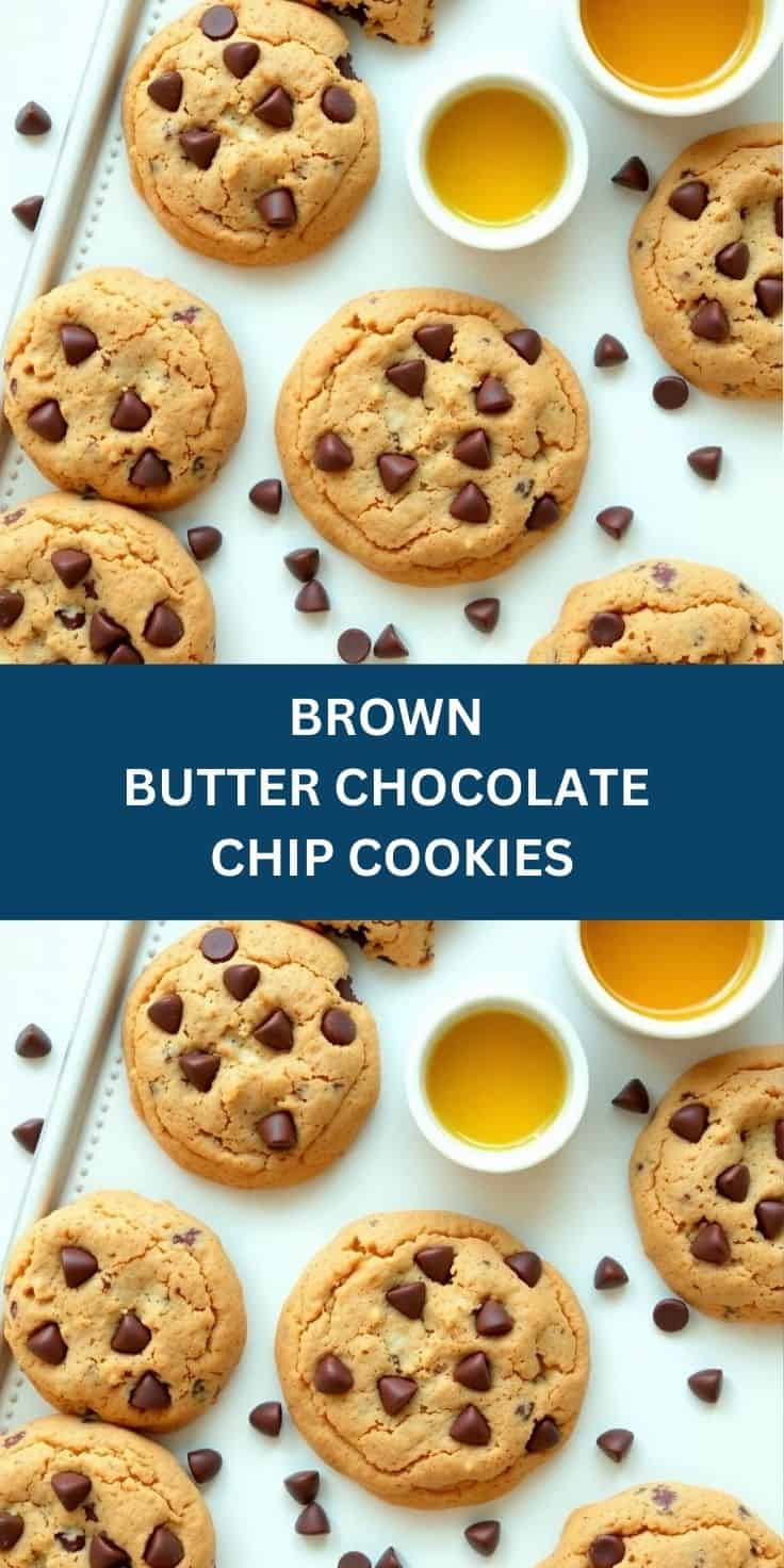 Brown butter chocolate chip cookies arranged on white surface with honey bowls and scattered chocolate chips.