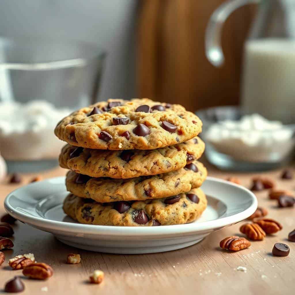 Stack of four brown butter chocolate chip cookies on white plate with pecans scattered on wooden surface.