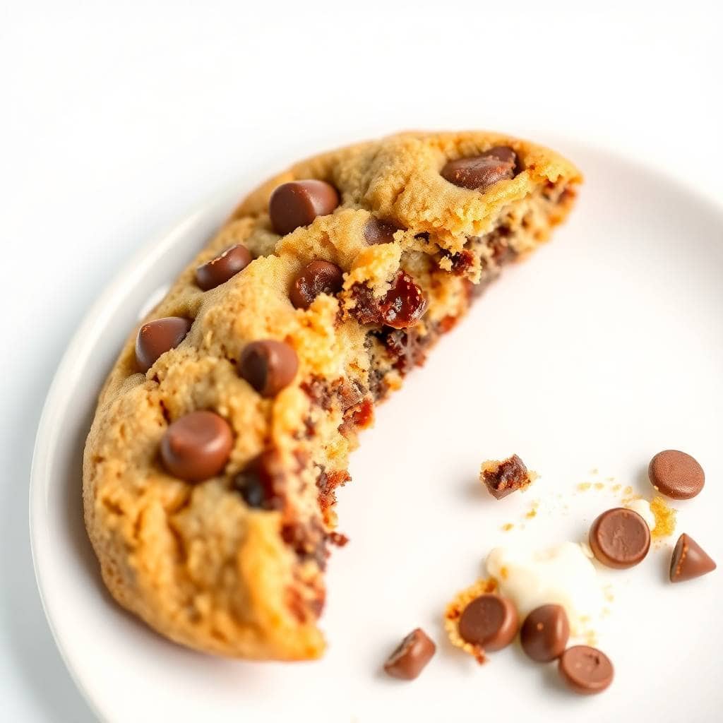 Brown butter chocolate chip cookie broken in half on white plate with crumbs and chocolate chips scattered.