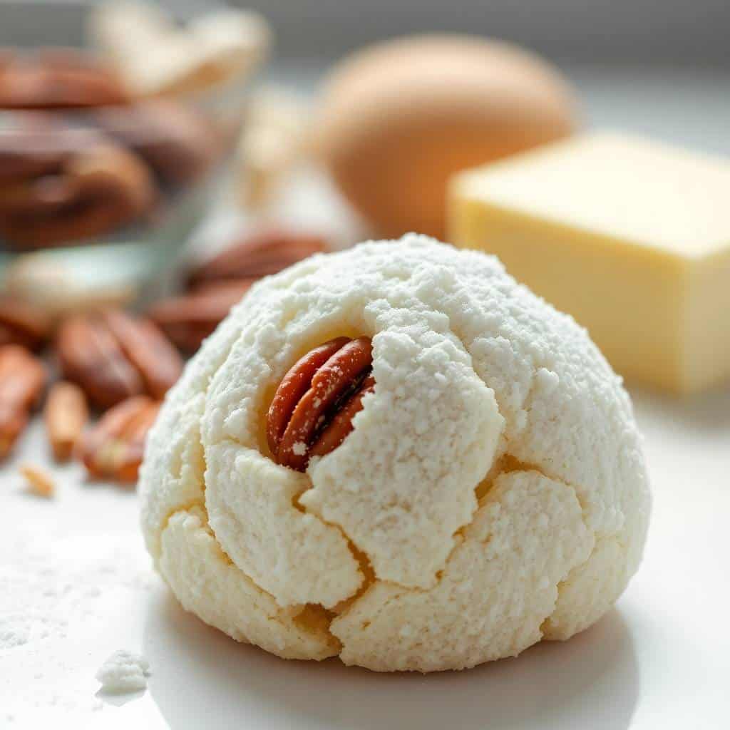 Buttery pecan snowball cookie with cracked white coating and pecan center, surrounded by ingredients.