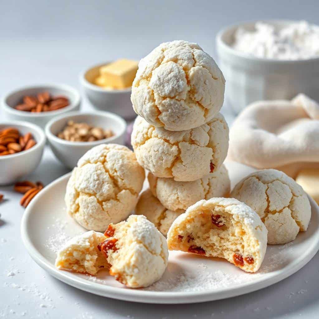 Buttery pecan snowball cookies dusted with powdered sugar, stacked and halved, with ingredient bowls blurred in background.