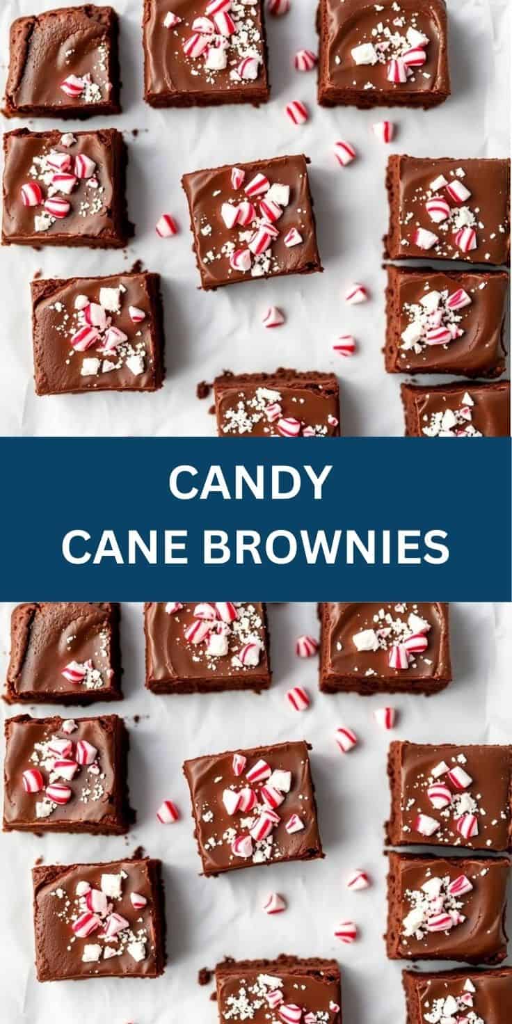 Chocolate candy cane brownies topped with crushed peppermint candies and white sprinkles on parchment paper.