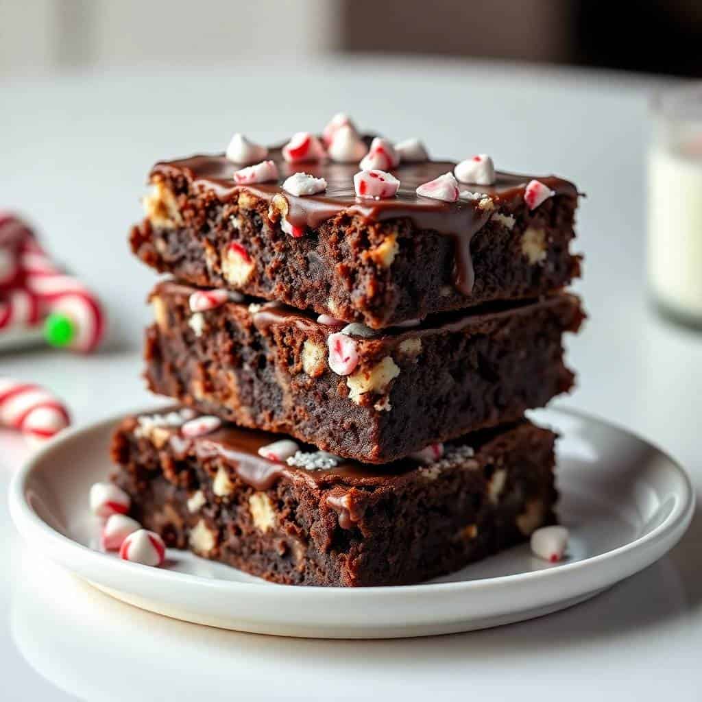 Stacked chocolate candy cane brownies with chocolate frosting and crushed peppermint garnish on white plate.