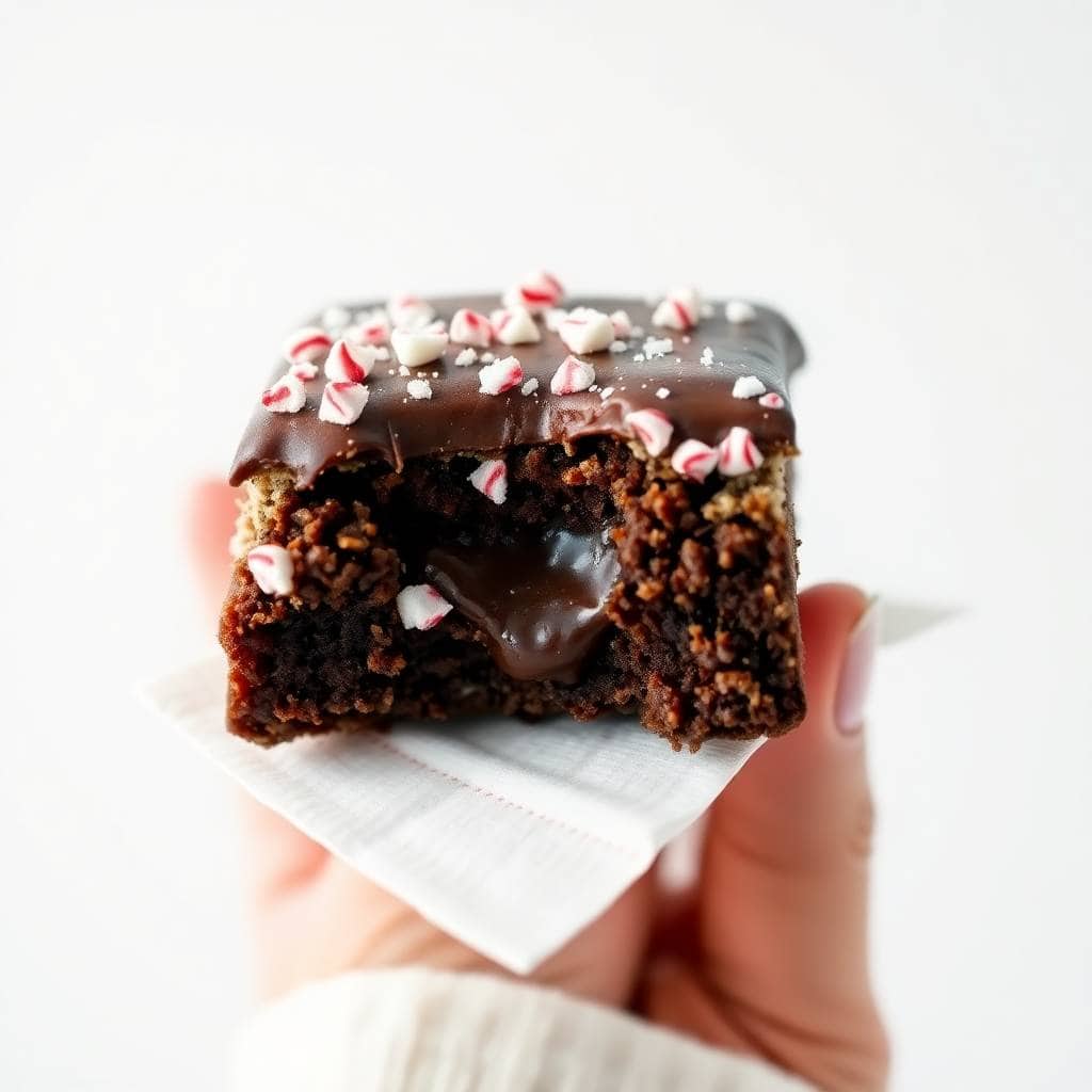 Candy cane brownie with chocolate frosting and crushed peppermint garnish, broken in half to show fudgy interior.