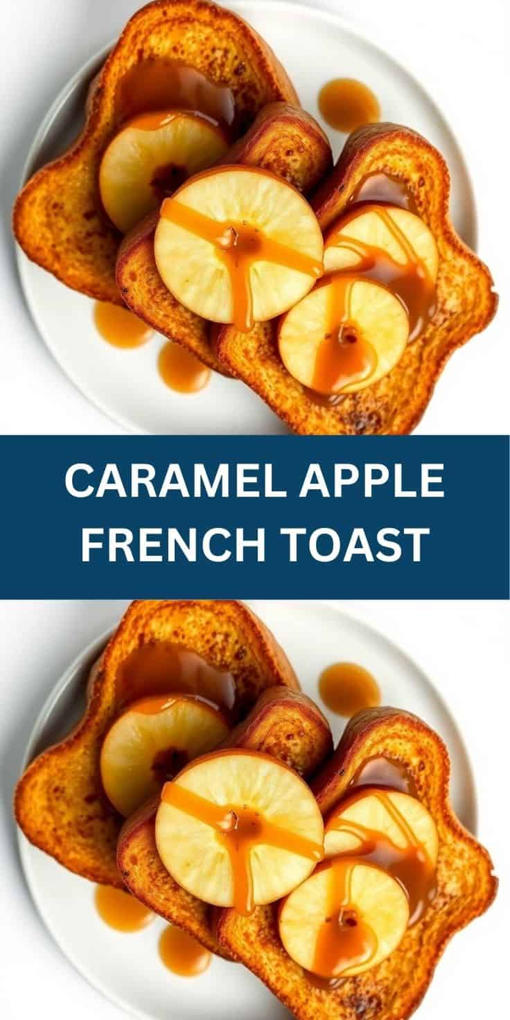 Caramel apple French toast with sliced apples and caramel drizzle on white plate.