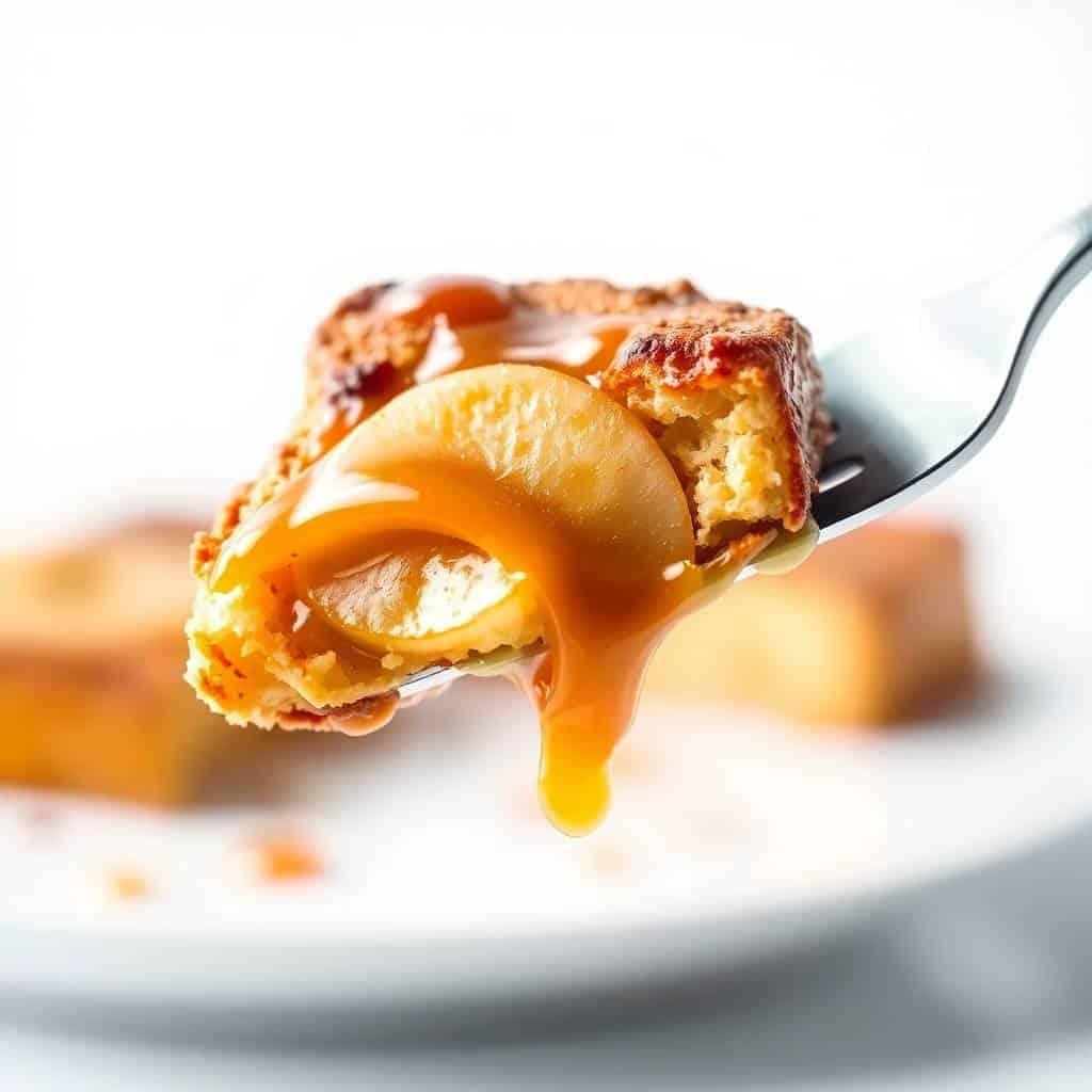 Caramel apple French toast on a fork with melted caramel dripping, served on a white plate.