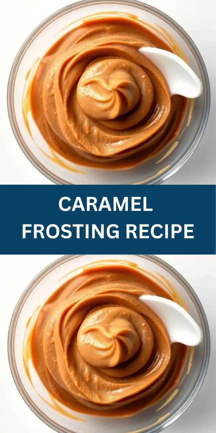 Caramel frosting swirled in glass bowl with white spatula, smooth creamy texture.