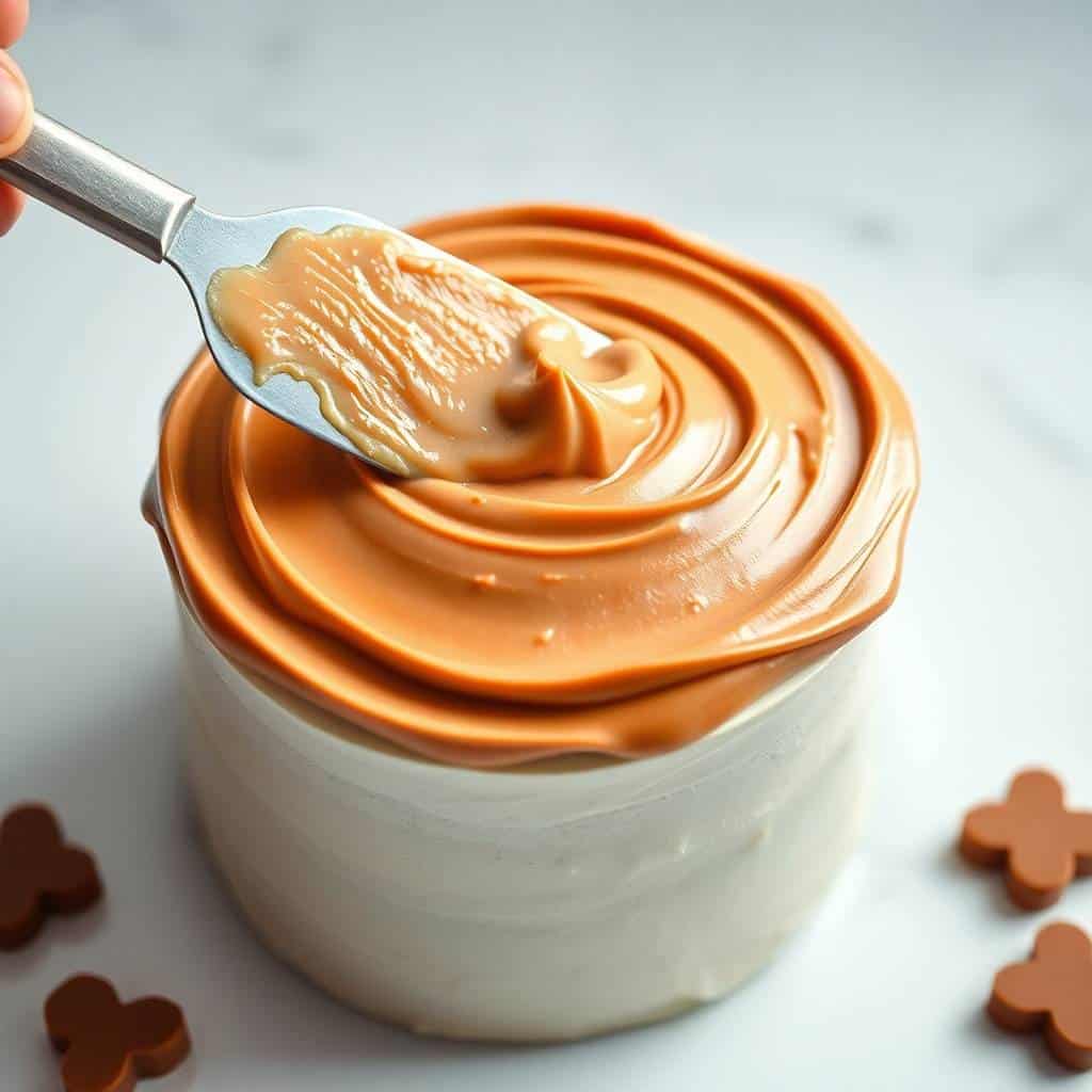 Creamy caramel frosting in white bowl with spreading knife and chocolate decorations.