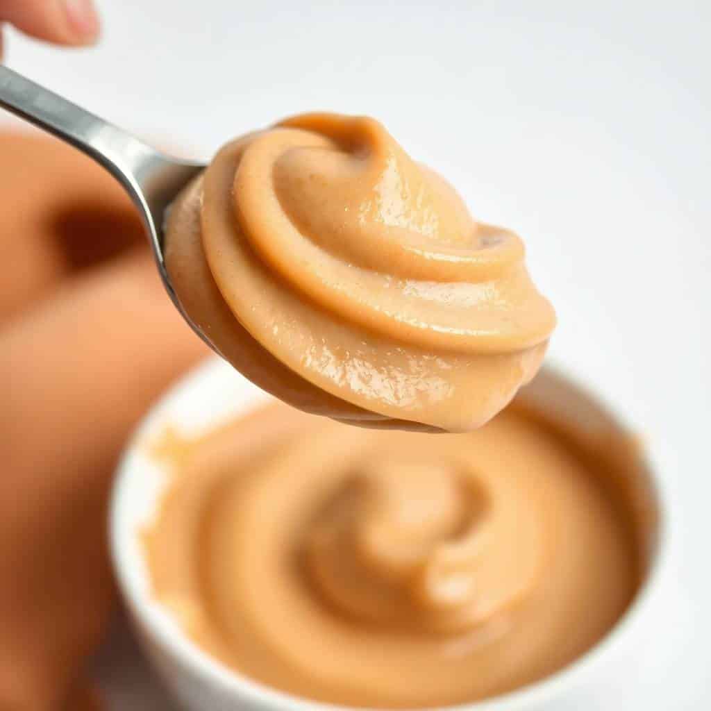 Creamy caramel frosting on spoon held above white bowl, smooth glossy texture.
