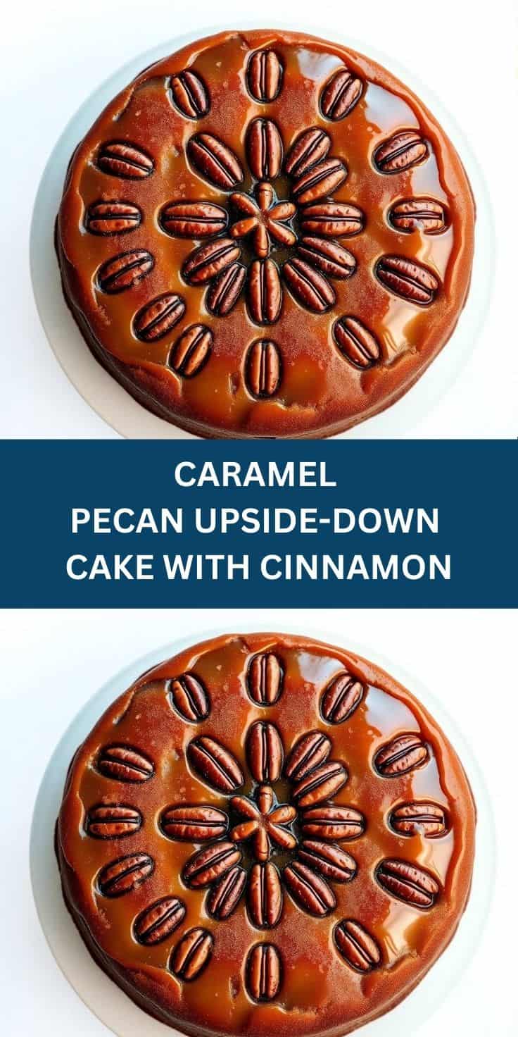 Caramel pecan upside-down cake with cinnamon, topped with arranged pecans in a circular pattern.