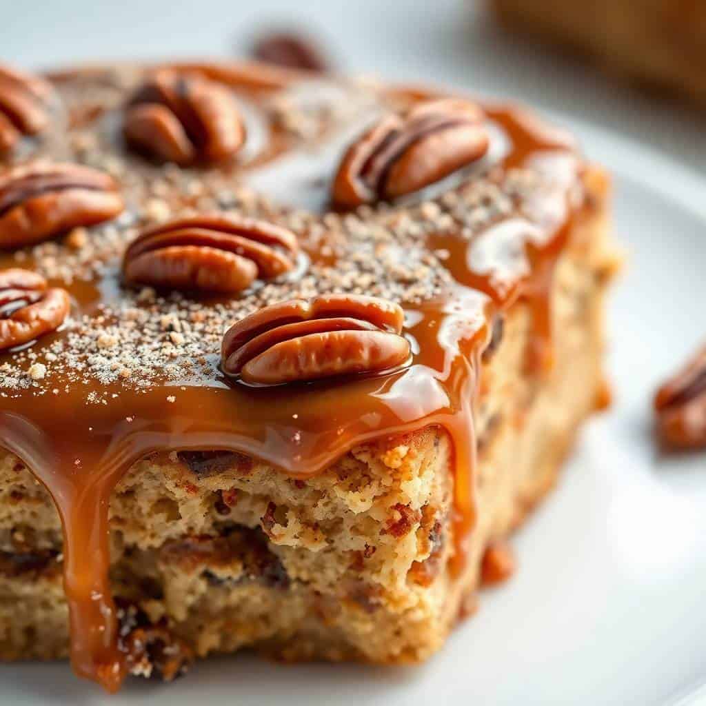 Caramel pecan upside-down cake slices topped with candied pecans and cinnamon sugar on white plate.