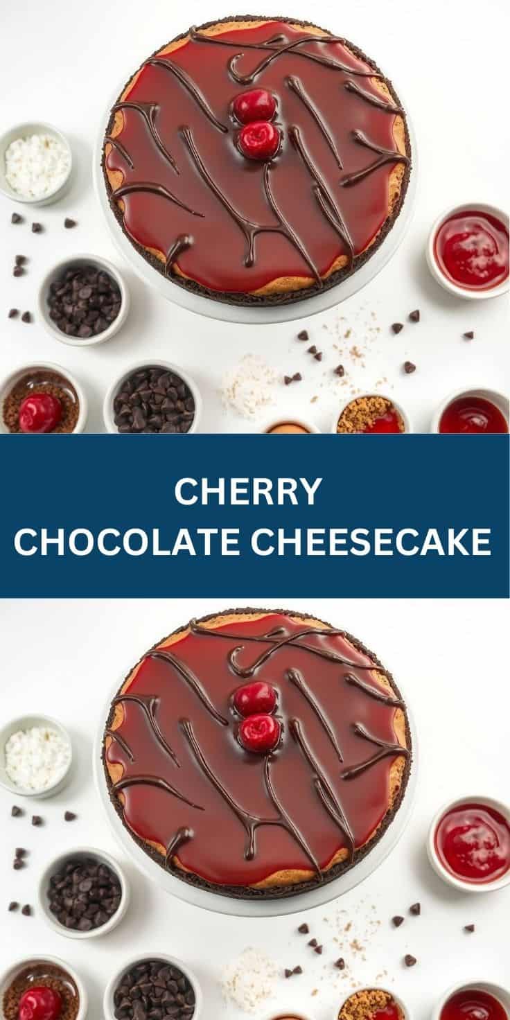Cherry chocolate cheesecake with glossy red topping, chocolate drizzle, and fresh cherries on white plate.
