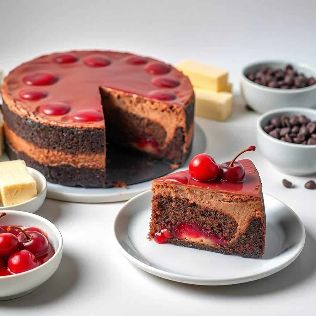 Cherry chocolate cheesecake slice with glossy red topping, chocolate chips, and fresh cherries on white plate.