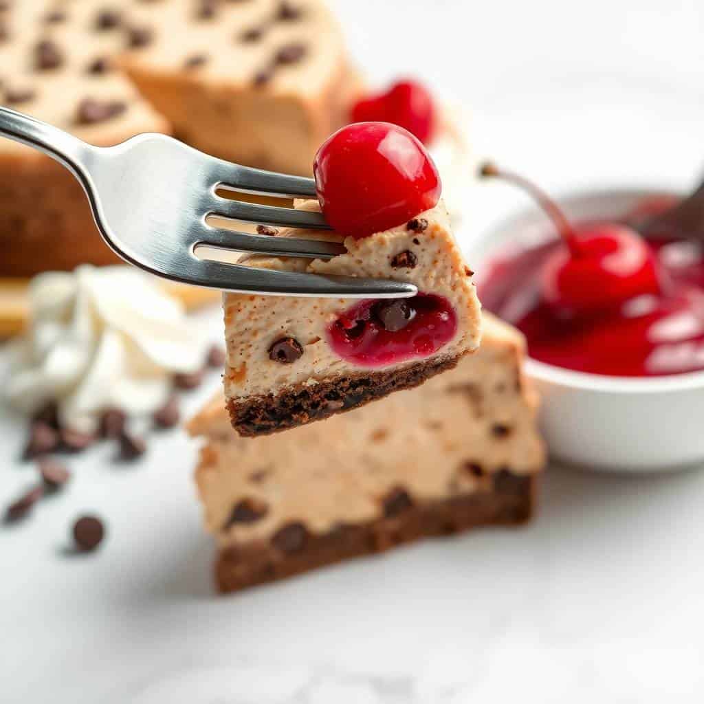 Fork holding a slice of cherry chocolate cheesecake with maraschino cherry garnish and chocolate crust.