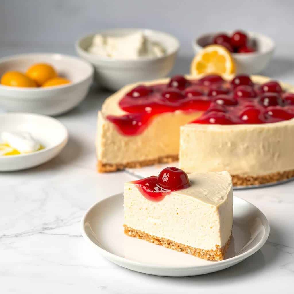 Cherry lemon cheesecake slice with red fruit topping on white plate, whole cake blurred in background.