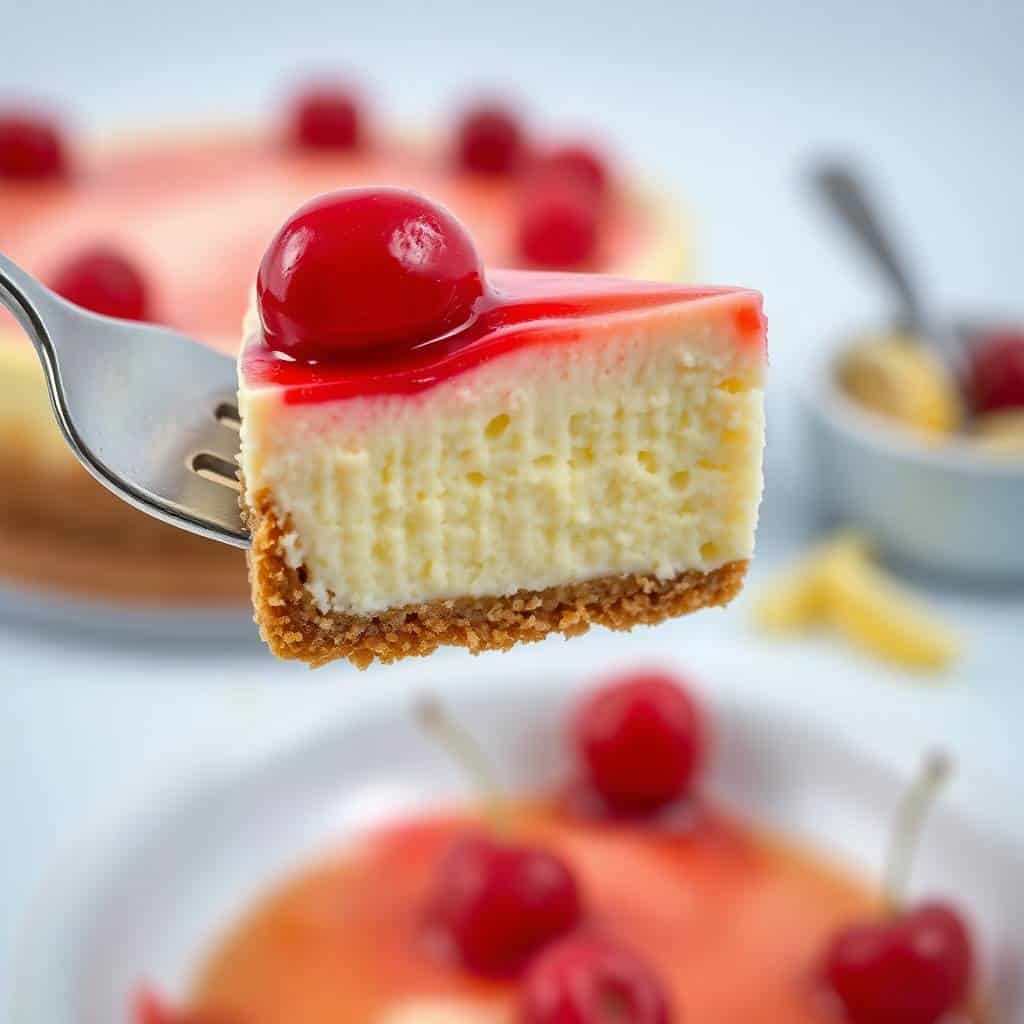 A slice of cherry lemon cheesecake on a fork with glazed cherry on top and graham cracker crust.