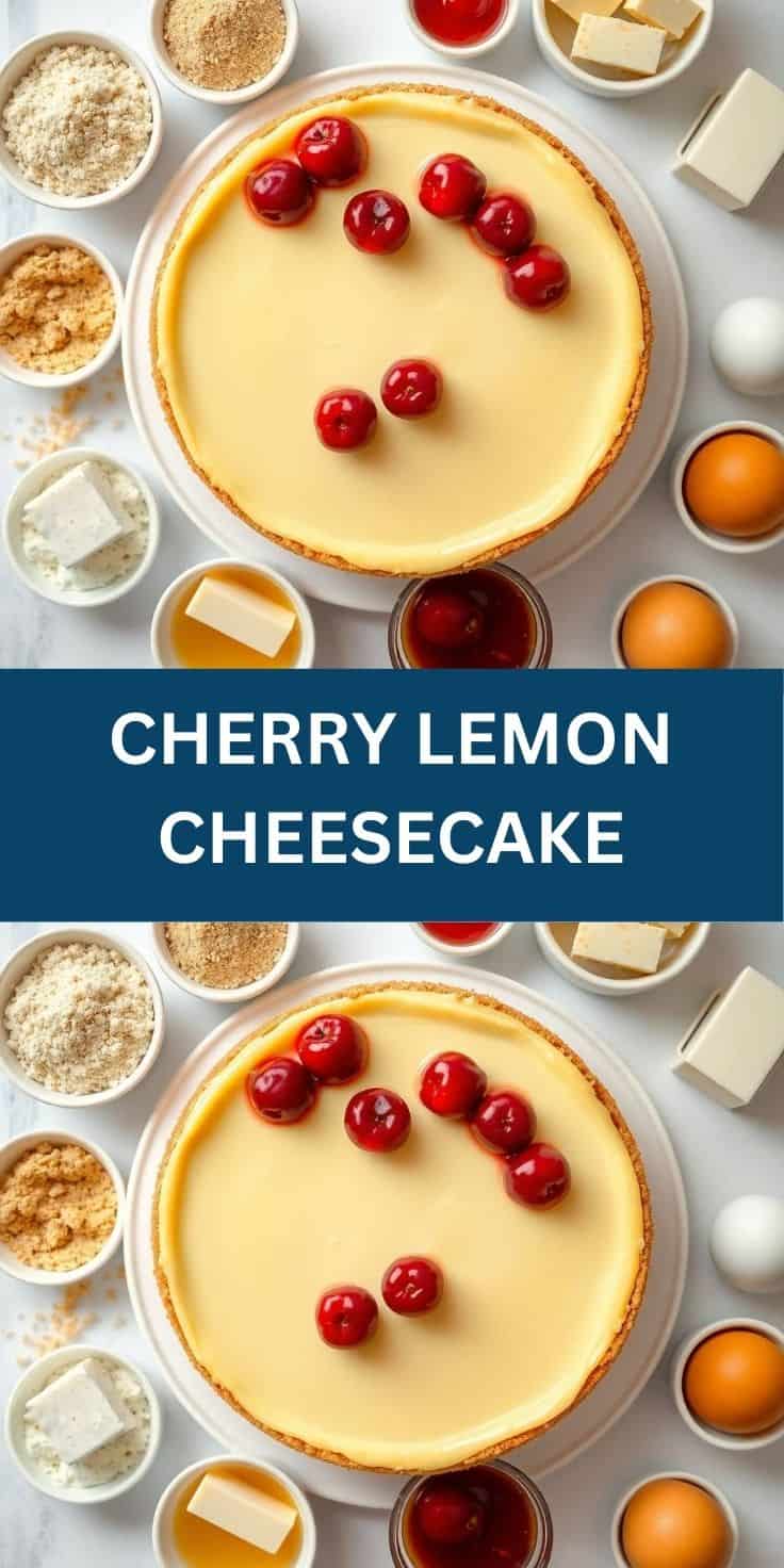 Cherry lemon cheesecake with graham cracker crust, creamy filling, and maraschino cherry garnish on white plate.
