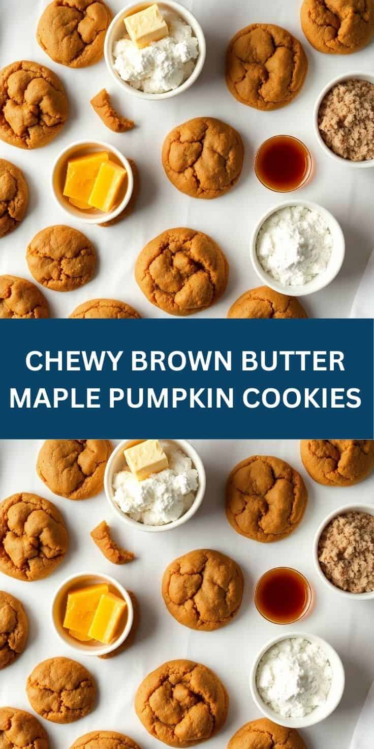Chewy brown butter maple pumpkin cookies arranged with baking ingredients on white surface.