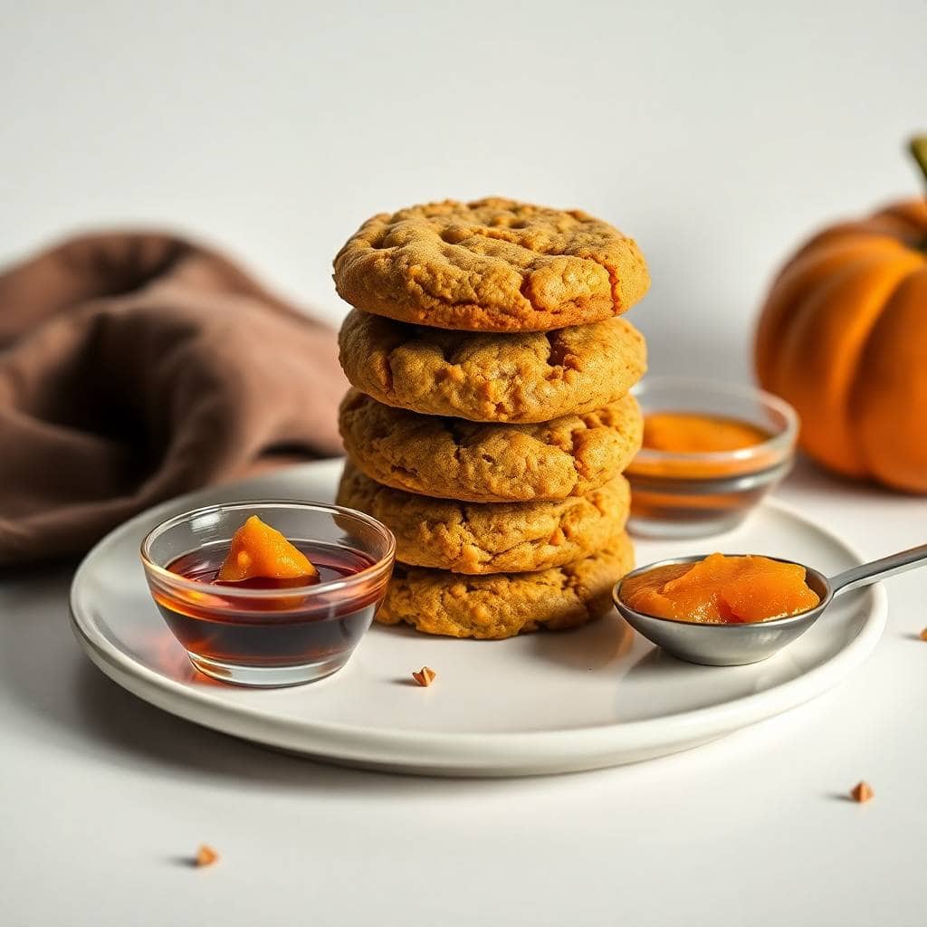 Stacked chewy brown butter maple pumpkin cookies on white plate with pumpkin puree and syrup.