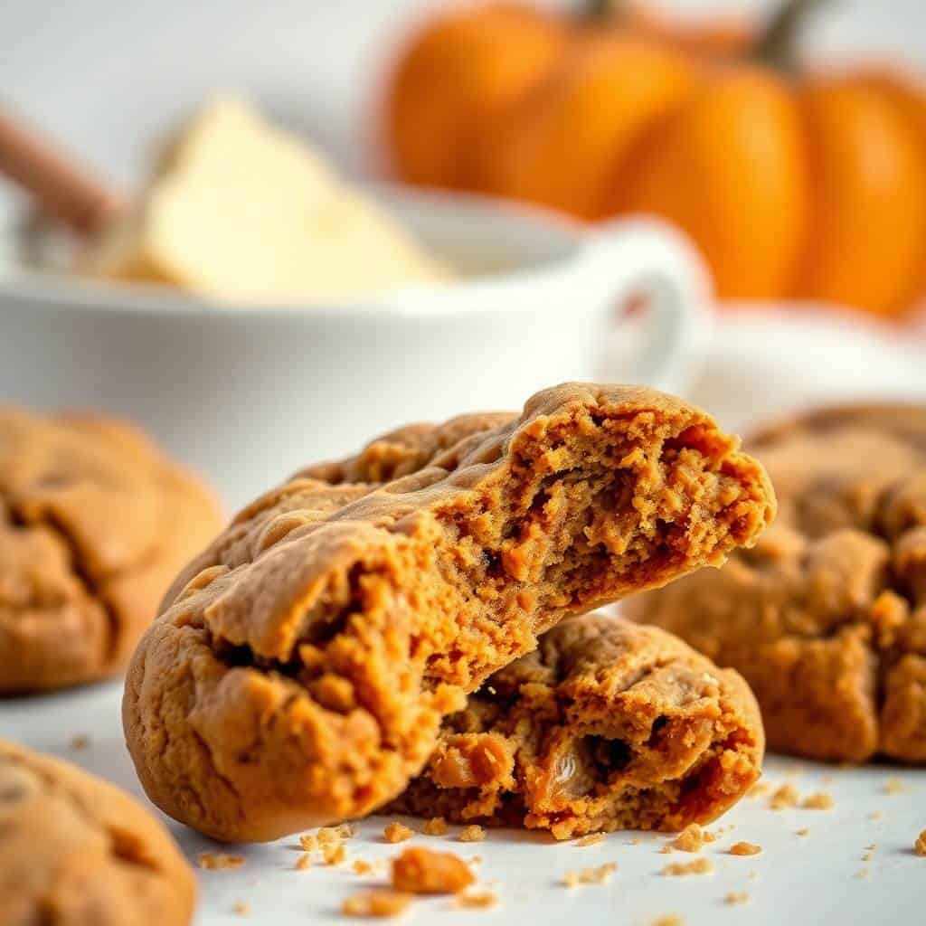 Chewy brown butter maple pumpkin cookies with crumbly texture and oranges blurred in background.