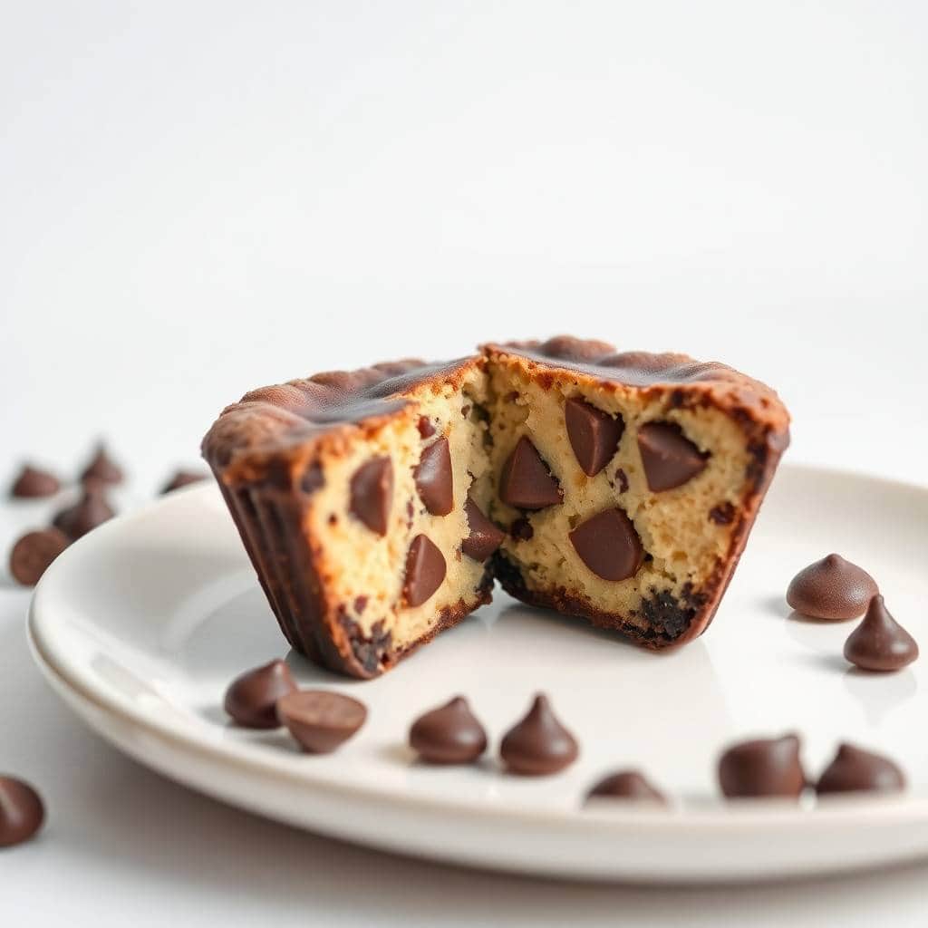 Chocolate chip cookie dough cup halved on white plate with scattered chocolate chips.