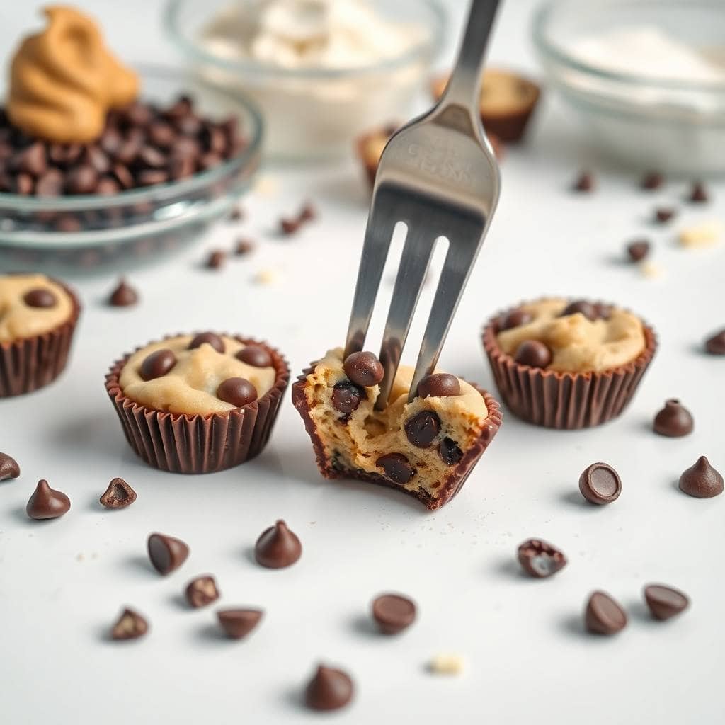 Chocolate chip cookie dough cups in brown liners with fork breaking one apart, scattered chips visible.