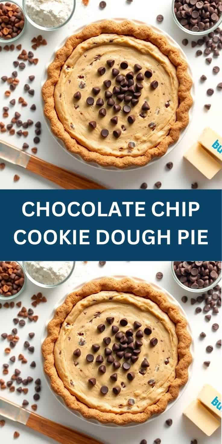 Chocolate chip cookie dough pie in pie crust with chocolate chips scattered on top and ingredients displayed around it.