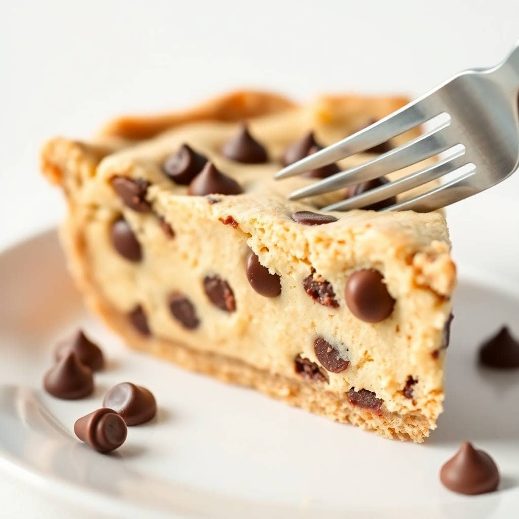 Chocolate chip cookie dough pie slice on white plate with fork and scattered chocolate chips.