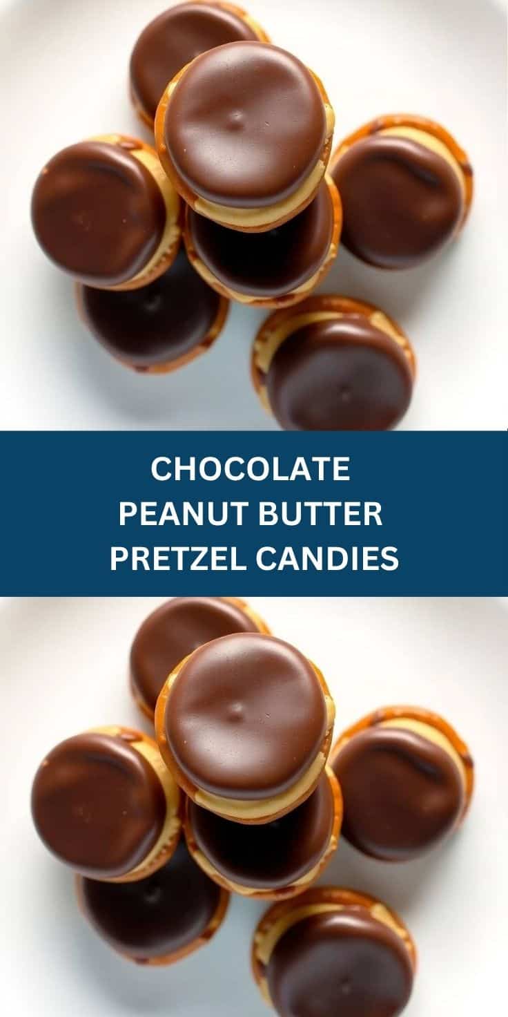 Chocolate peanut butter pretzel candies arranged on white surface showing glossy chocolate coating and golden pretzel base.