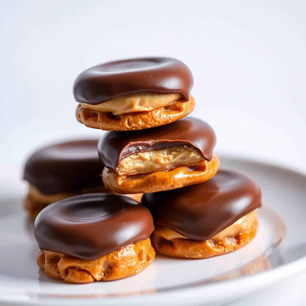 Stacked chocolate peanut butter pretzel candies with glossy dark chocolate coating on white plate.