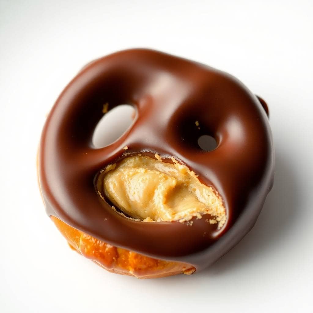 Chocolate peanut butter pretzel candy with dark chocolate coating and creamy filling, broken open to reveal interior.