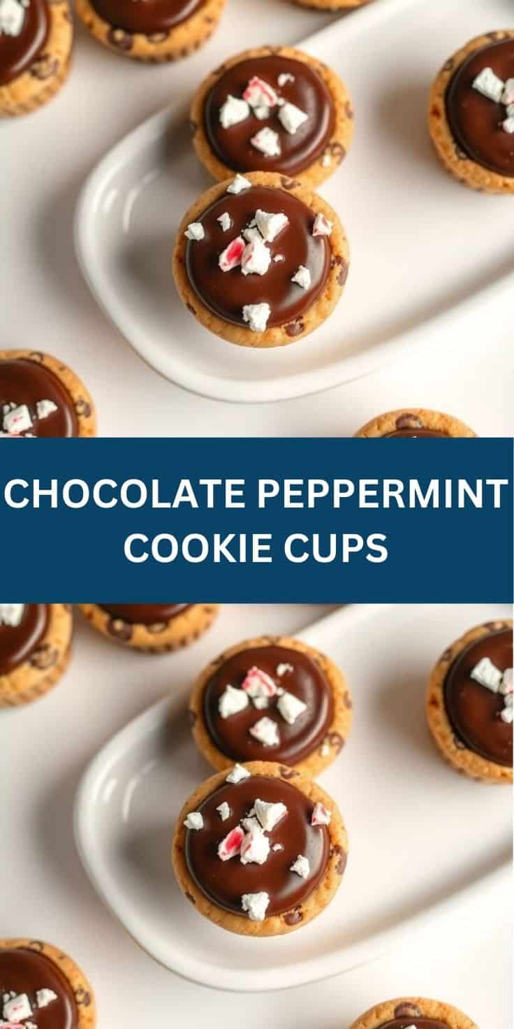 Chocolate peppermint cookie cups with glossy chocolate ganache topped with crushed candy canes on white plate.