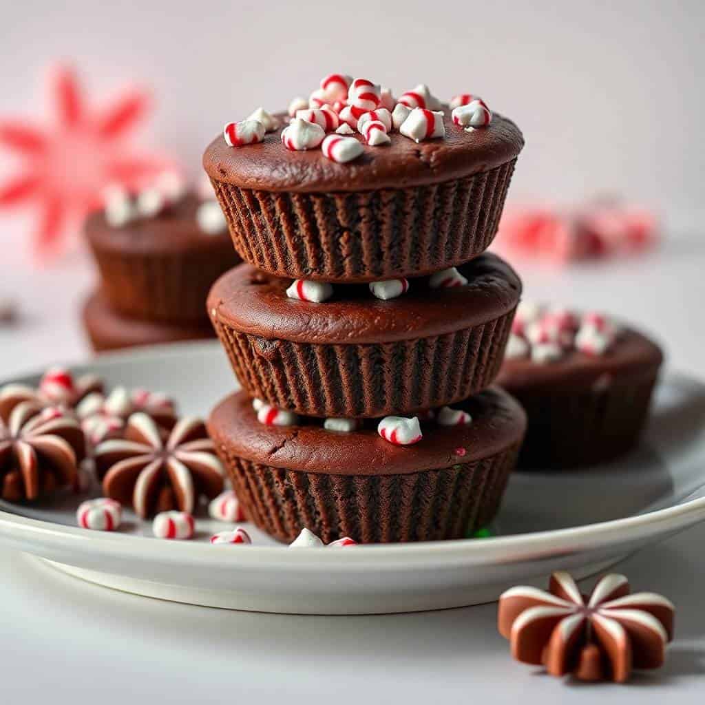 Three stacked chocolate peppermint cookie cups topped with red and white candy pieces on a white plate.