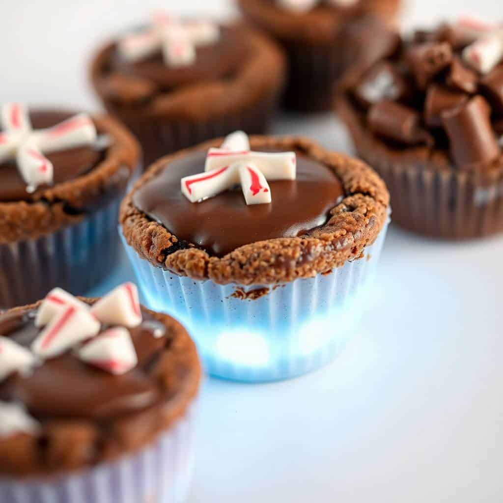 Chocolate peppermint cookie cups in blue wrappers, topped with chocolate ganache and candy cane pieces.