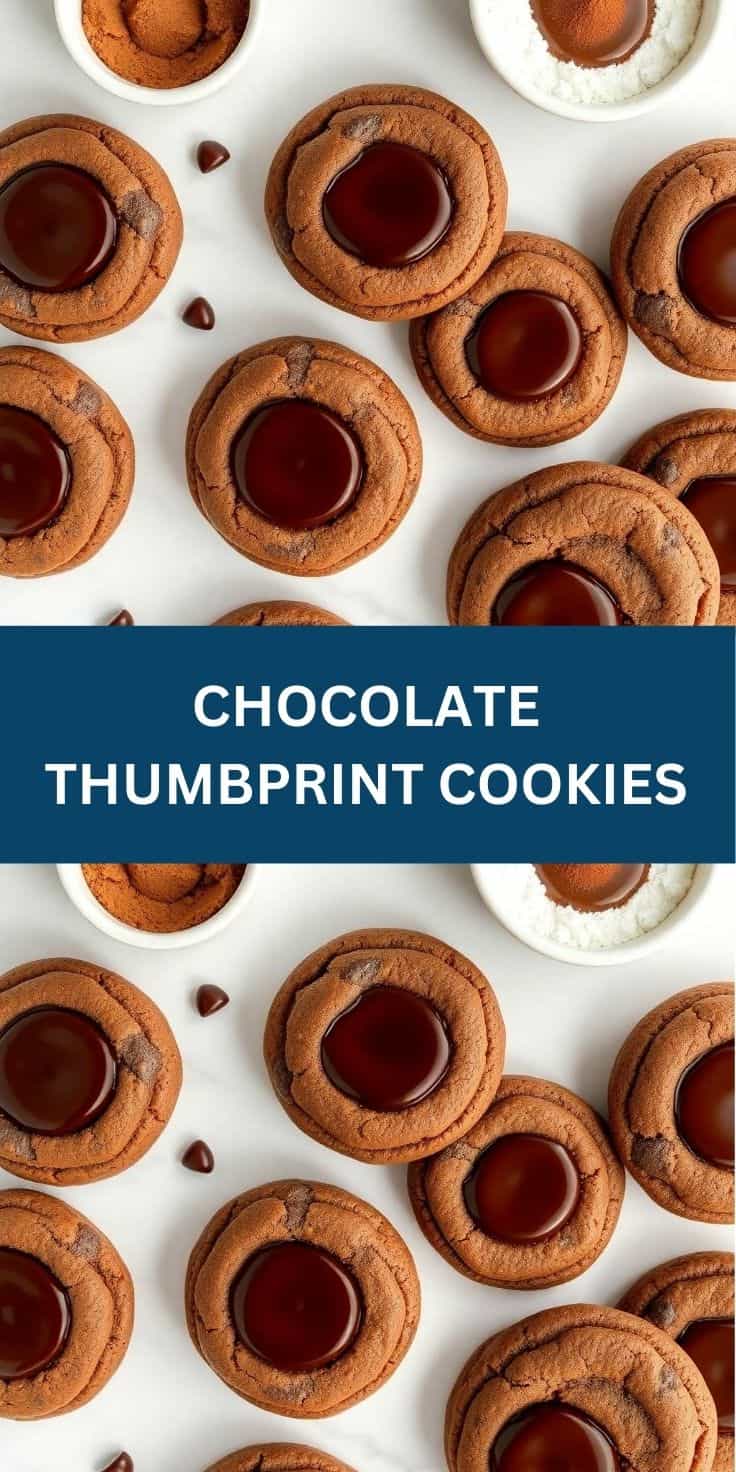 Chocolate thumbprint cookies with dark chocolate centers arranged on white surface with cocoa powder bowls.